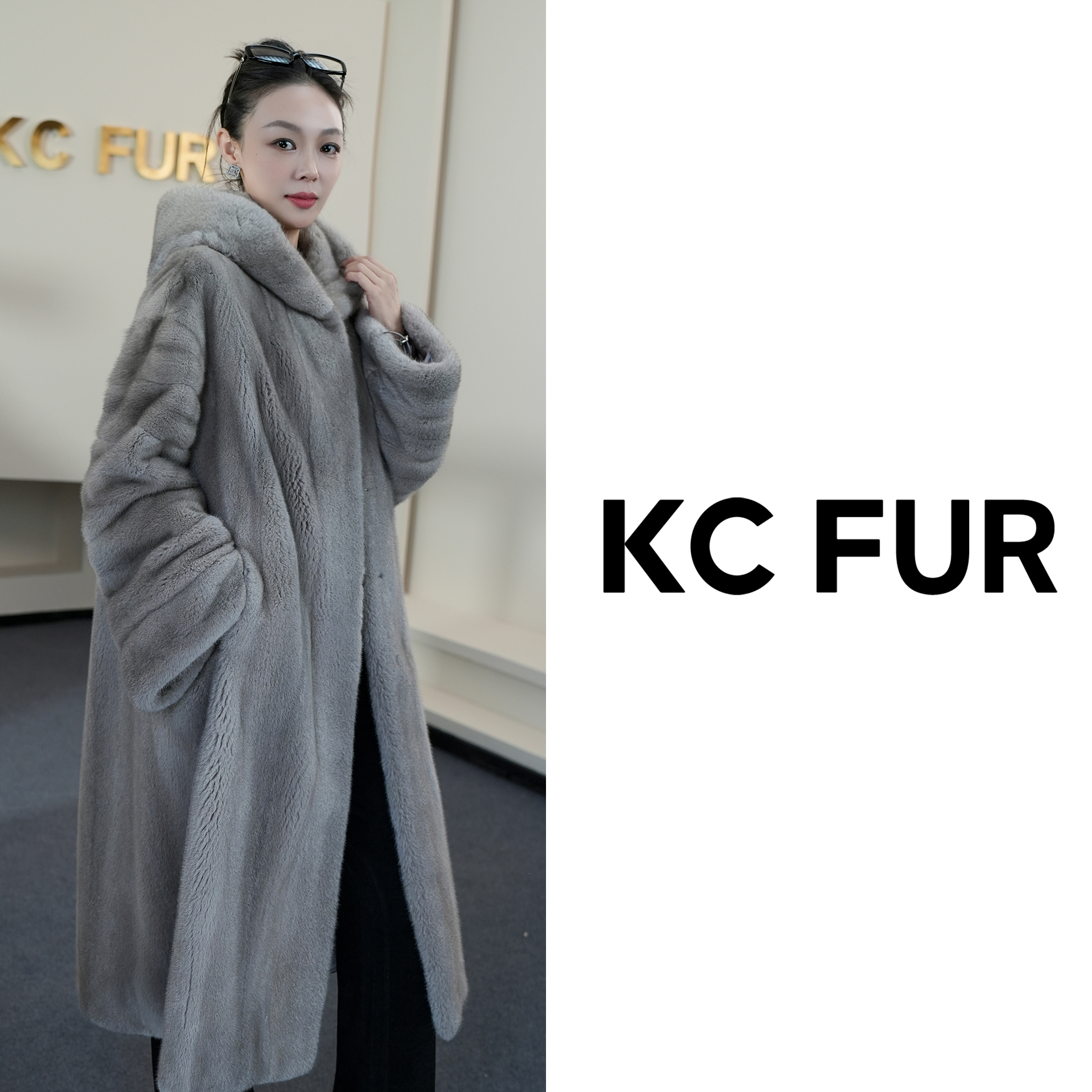 KC【天然皮草】银蓝连帽长款宽袖水貂外套抽刀工艺皮草110cm-2552M