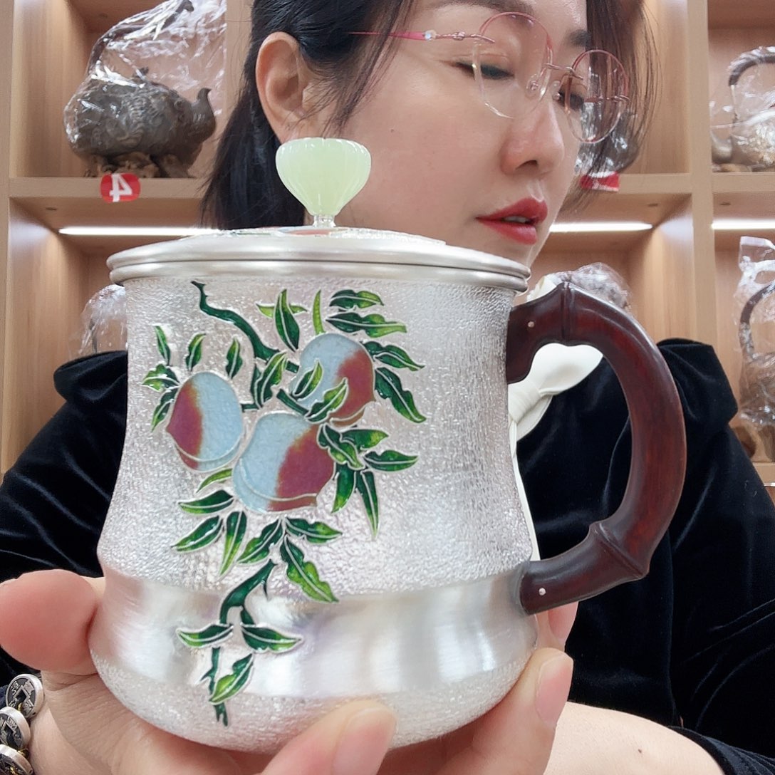 盖碗银杯子景泰蓝足银999