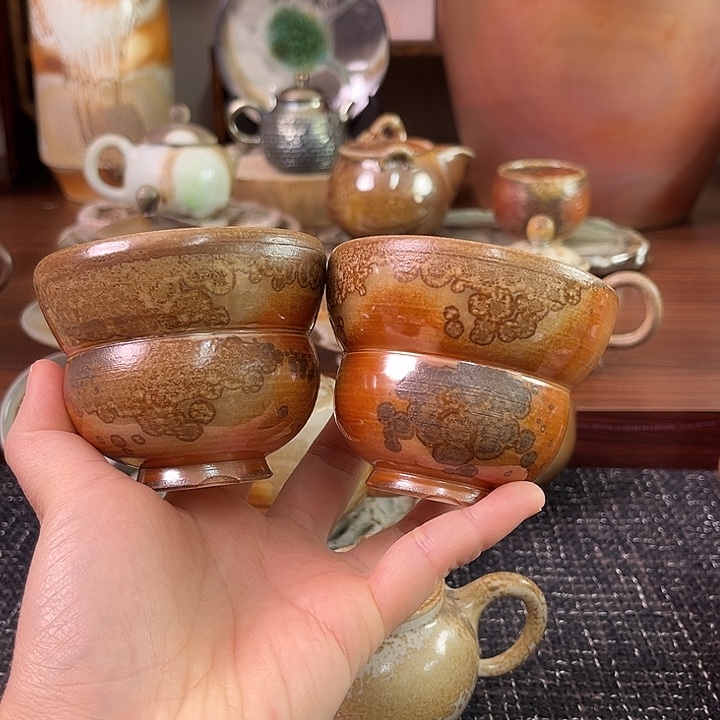 柴烧中白泥葫芦对杯