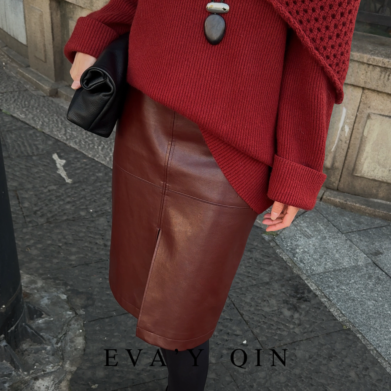 Eva’Y丨“山本短裙”进口环保皮肌理显瘦高级感直筒开叉半身皮裙