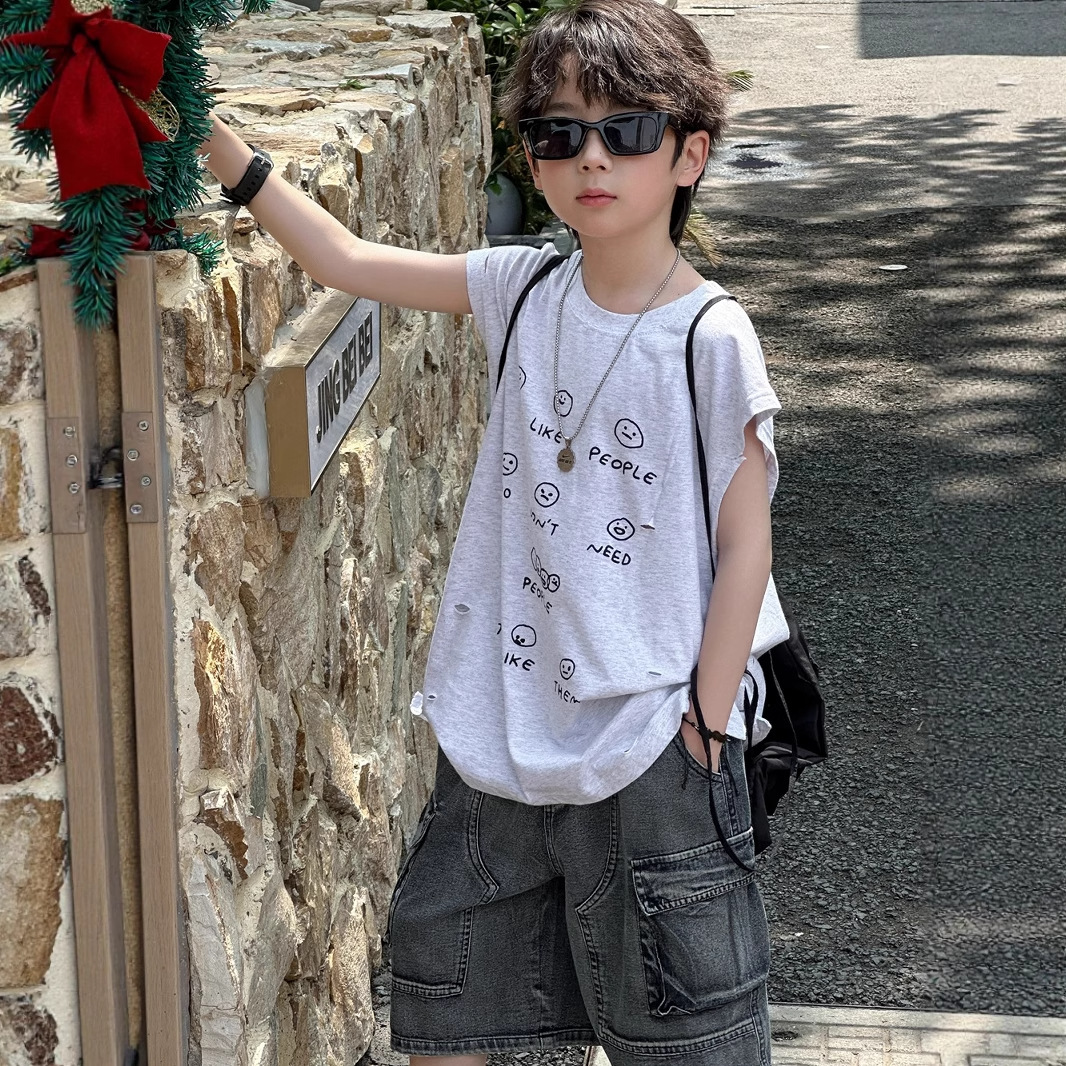 儿童夏季中大童无袖上衣男童韩版宽松纯棉恤潮范笑臉坎肩夏款宝2