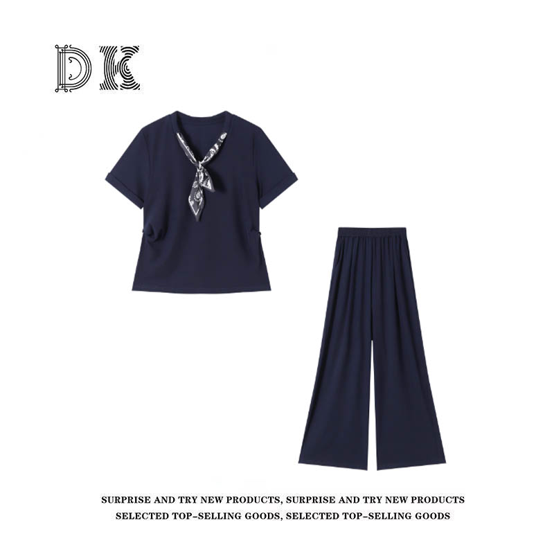 DK 2025夏季女装 时尚设计感领结T恤搭阔腿休闲裤时尚套装 52237