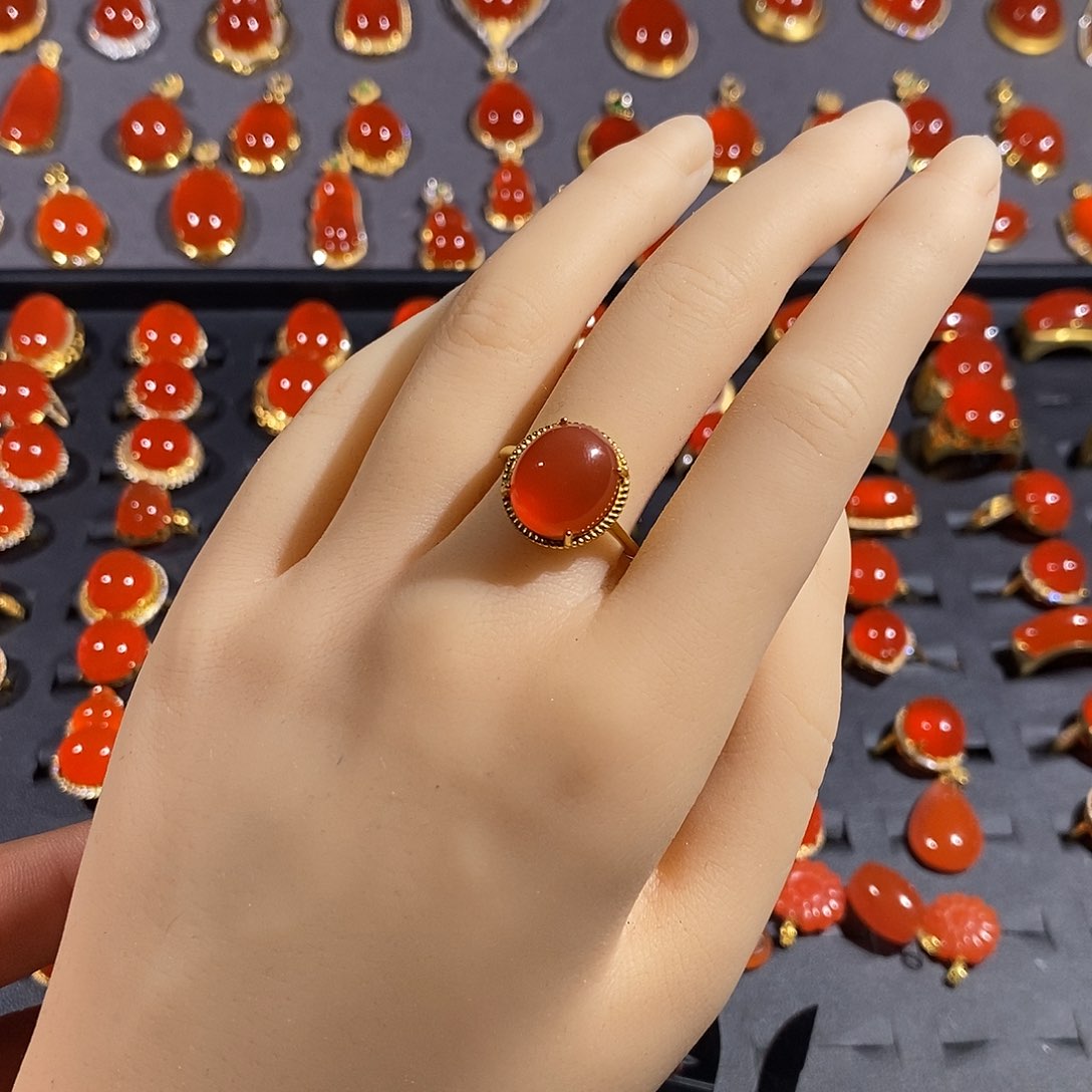 南红玛瑙戒指银S925镶嵌