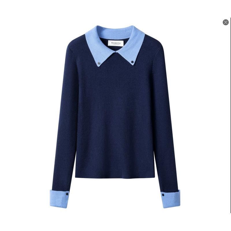 【广州微姐】冬季长袖衬衫毛针织衫秋季女翻领针织套头拼接撞色1029