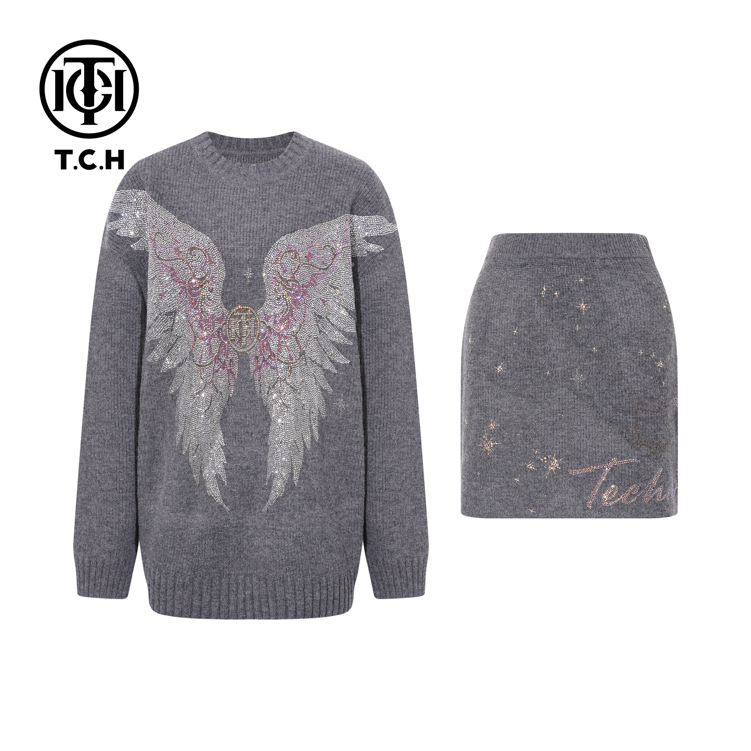 TCH【懒人穿搭】冬款时尚烫钻淑女贵气灰色女装套装T75D07E1061