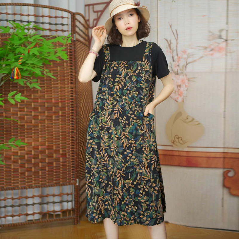81 加肥加大码女装花叶假两件连衣裙