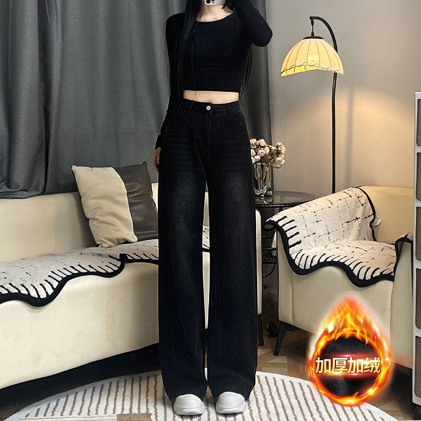黑色高腰阔腿牛仔裤女2025秋冬复古宽松直筒显瘦百搭拖地裤子