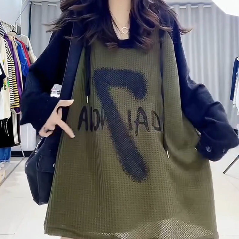 成人大码女装2-300斤胖mm欧洲站印花字母拼接撞色长袖t恤女百搭上