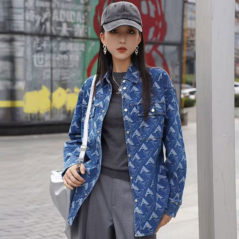 【商场同款】印花牛仔衬衫复古港风宽松翻领衬衣字母外套女5300971