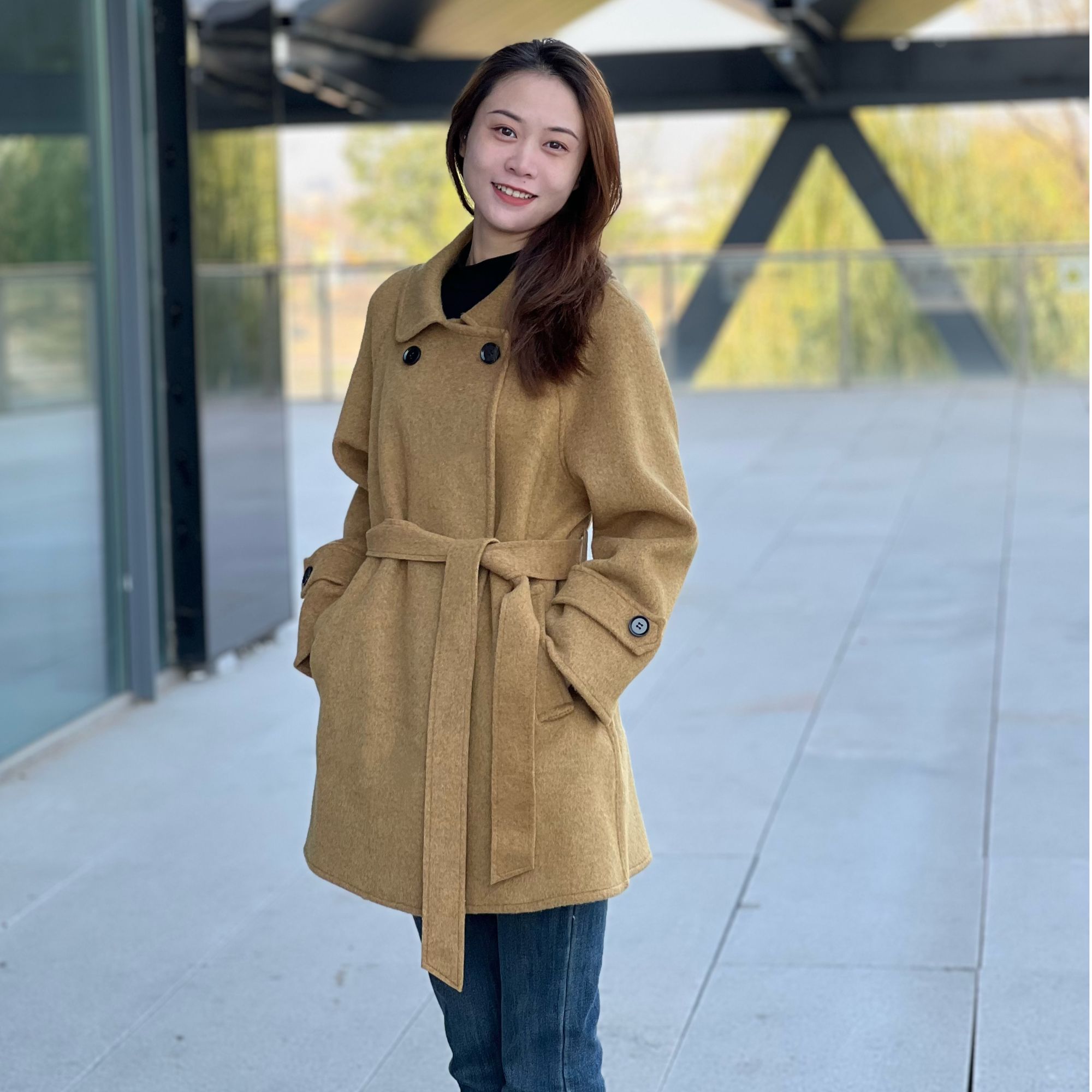 韩系新款时尚百搭秋冬气质双面羊毛大衣中长款带腰带 20279