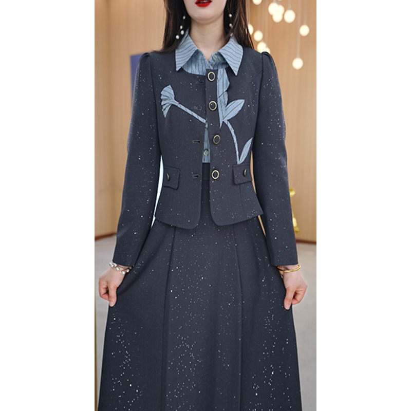 【两件套】春季设计感衬衫领印花条纹休闲中长款长袖两件套M-4XL