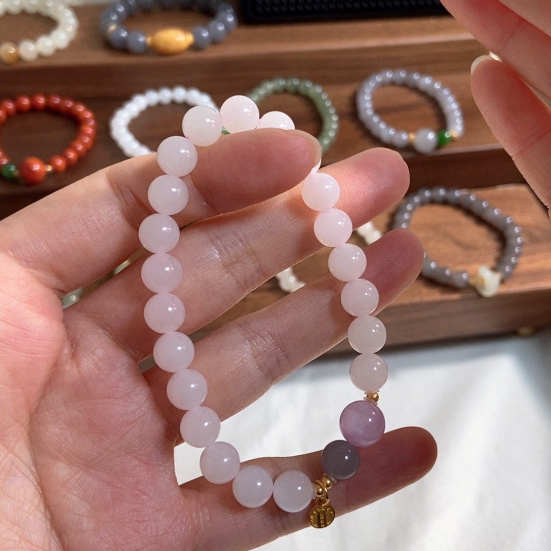 和田玉手链银S925镶嵌福利8mm浅粉