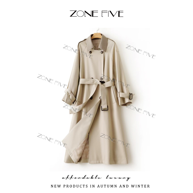 【zonefive】英伦风撞色中长款风衣女2025高级感韩版显瘦气质-6603