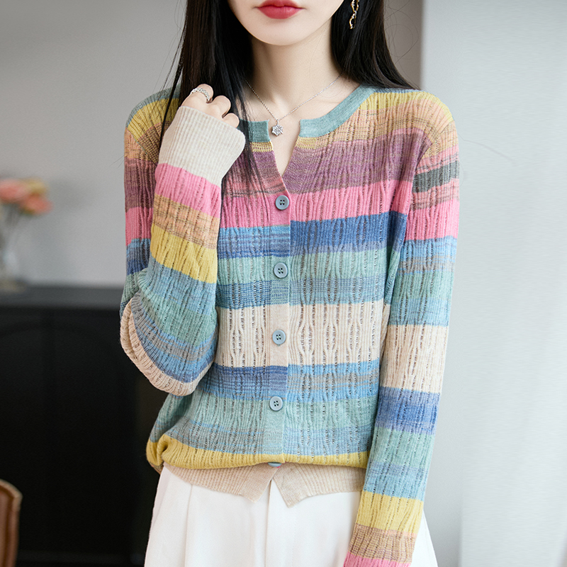 哥弟阿玛施正品秋冬女毛针织衫彩虹条纹时尚减龄羊毛衫开衫外套