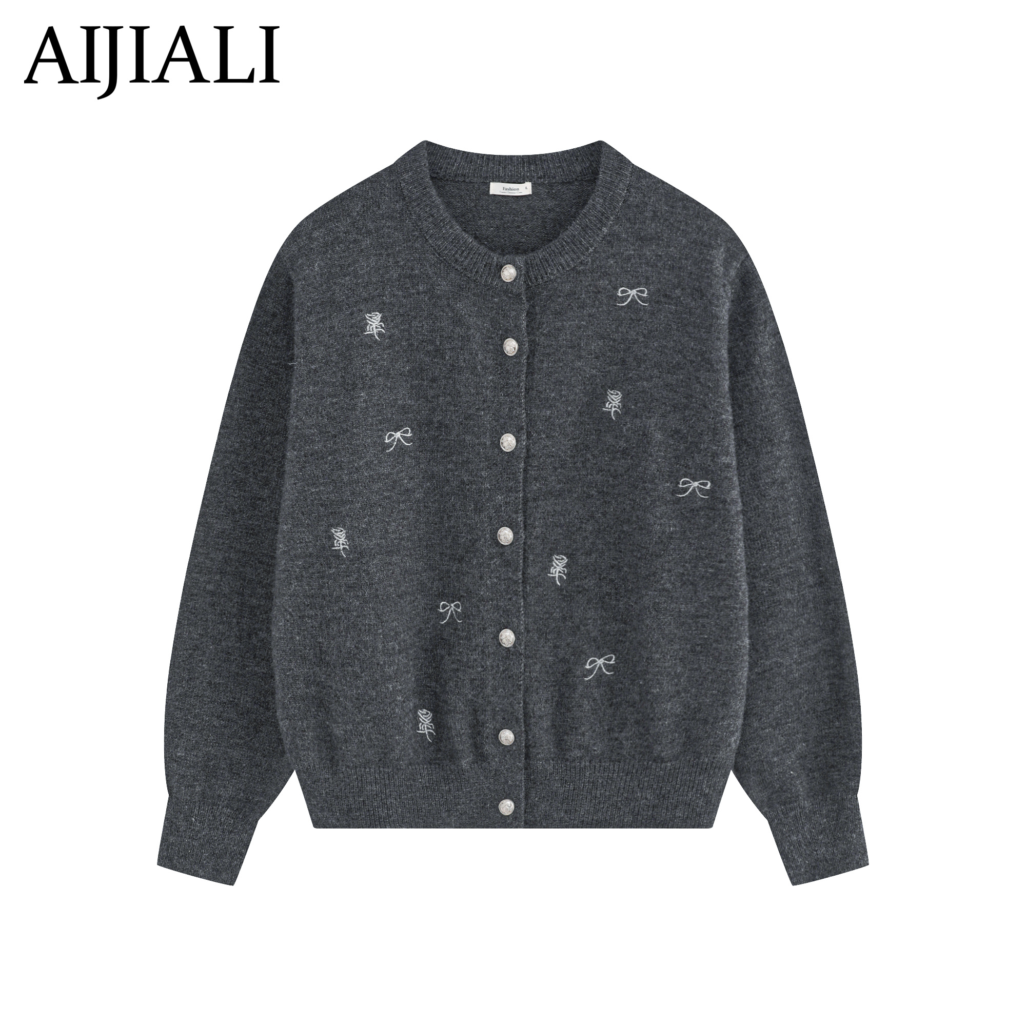 AIJIALI-秋冬新款灰色蝴蝶结单排保暖设计感毛衣女新款针织衫外套