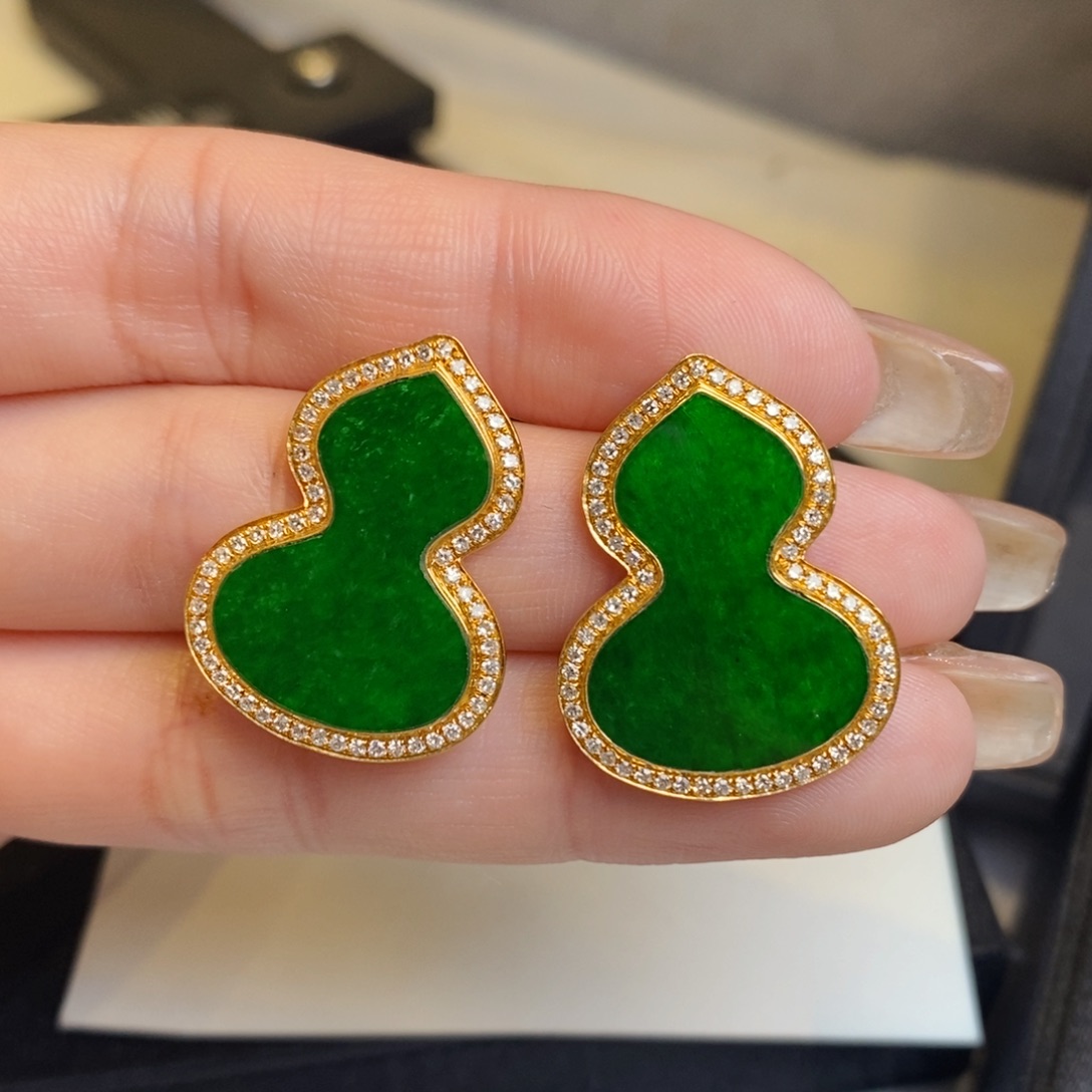 翡翠耳饰18K金镶嵌葫芦