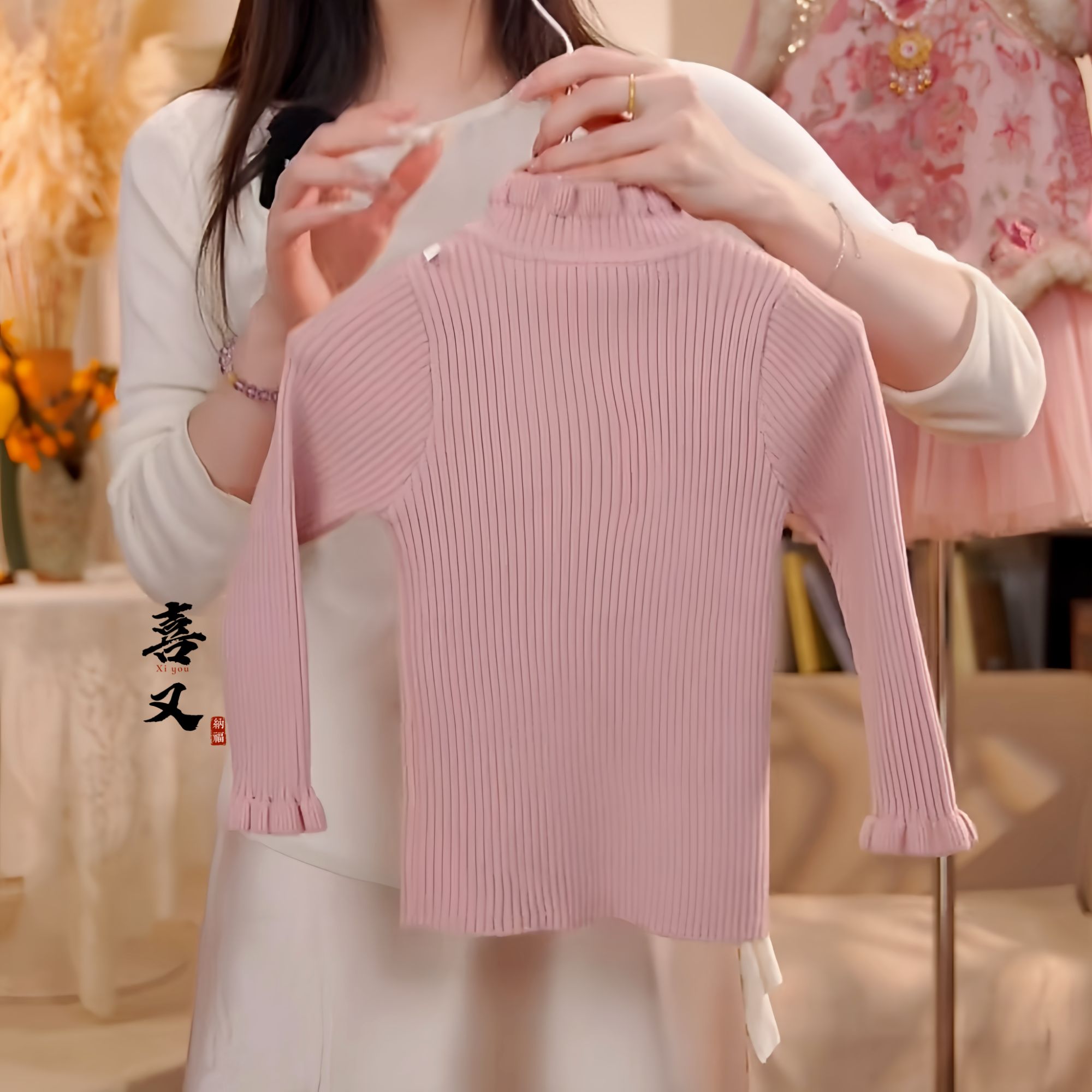 【推荐搭配】冬季新款女童半高领套头加厚时尚保暖花苞袖针织毛衣