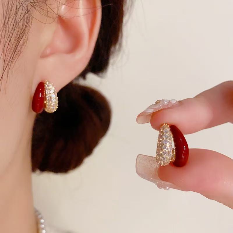 925银耳饰 小众设计高级感微镶锆石红色双层耳环