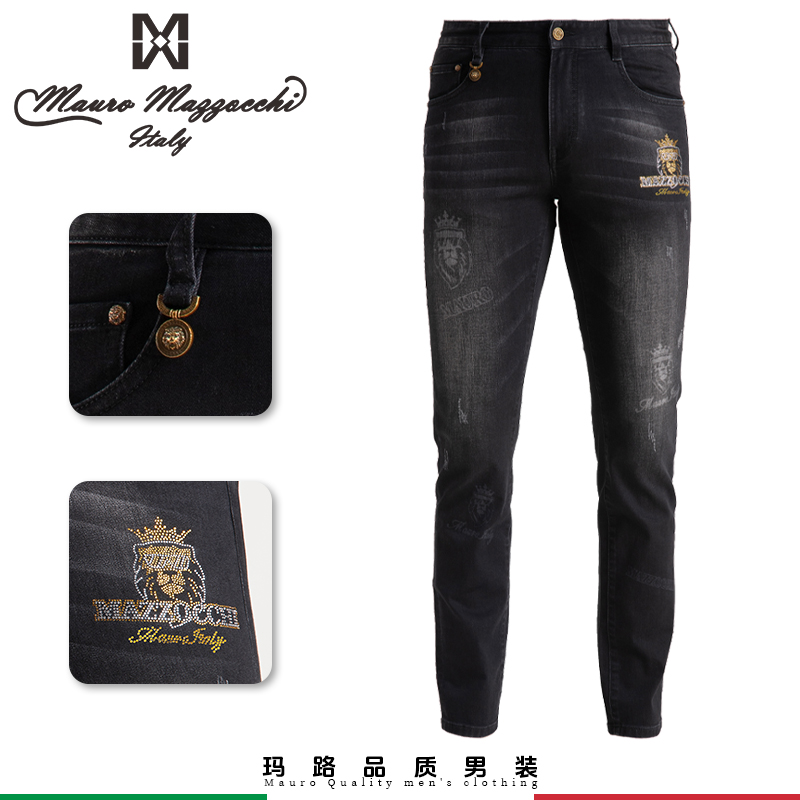 Mauro/玛路烫钻男士经典水洗牛仔裤时尚休闲舒适修身百搭春秋1308