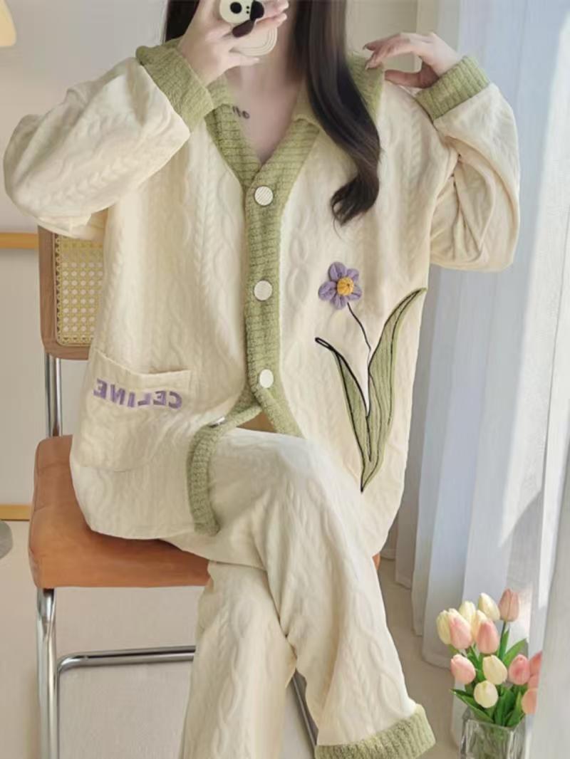 空气棉睡衣秋冬V领家居服长袖长裤套装绿色花花