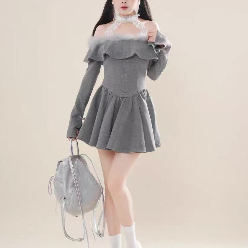 [胖鹅张]纯欲毛毛领蕾丝挂脖连衣裙 #1012[实物以直播间展示为准]
