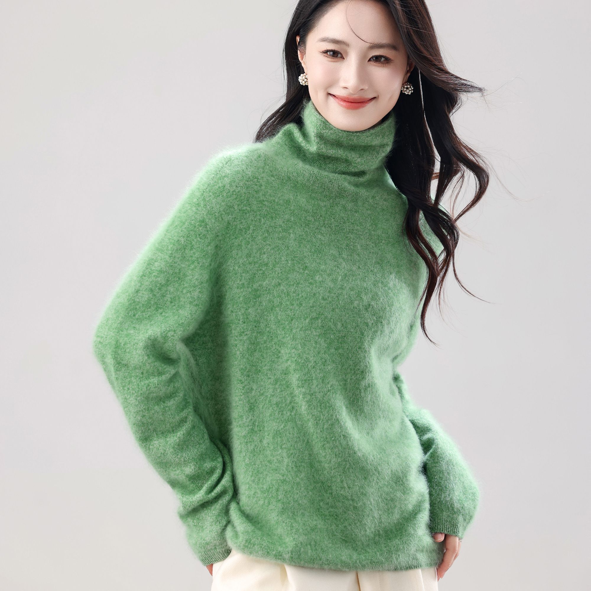 羊绒拉毛无缝堆堆领纯色常规针织衫宽松秋冬网红打底衫LOR9866