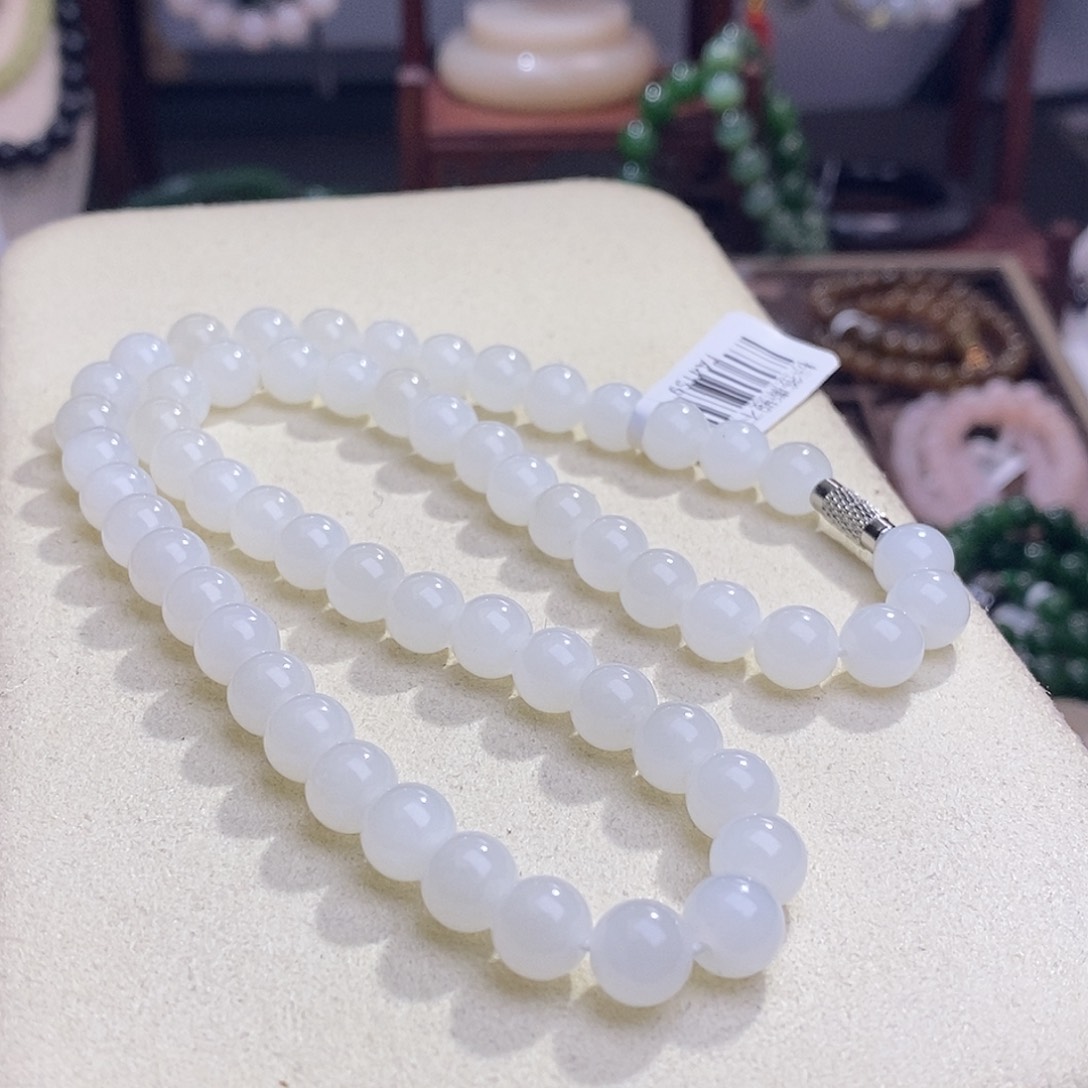 和田玉新疆羊脂白玉老矿料圆珠项链8m未镶嵌