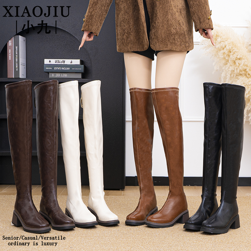 丨小九丨25款冬季加绒平口尖头过膝靴/百搭欧美风增高长筒靴91378