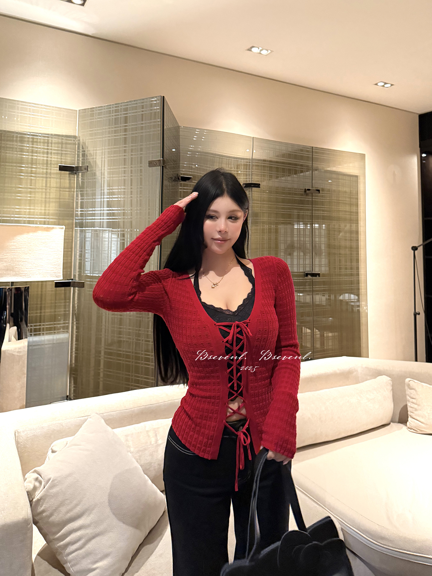 秋季新款V领针织女毛针织衫显瘦收腰设计感长袖毛衣