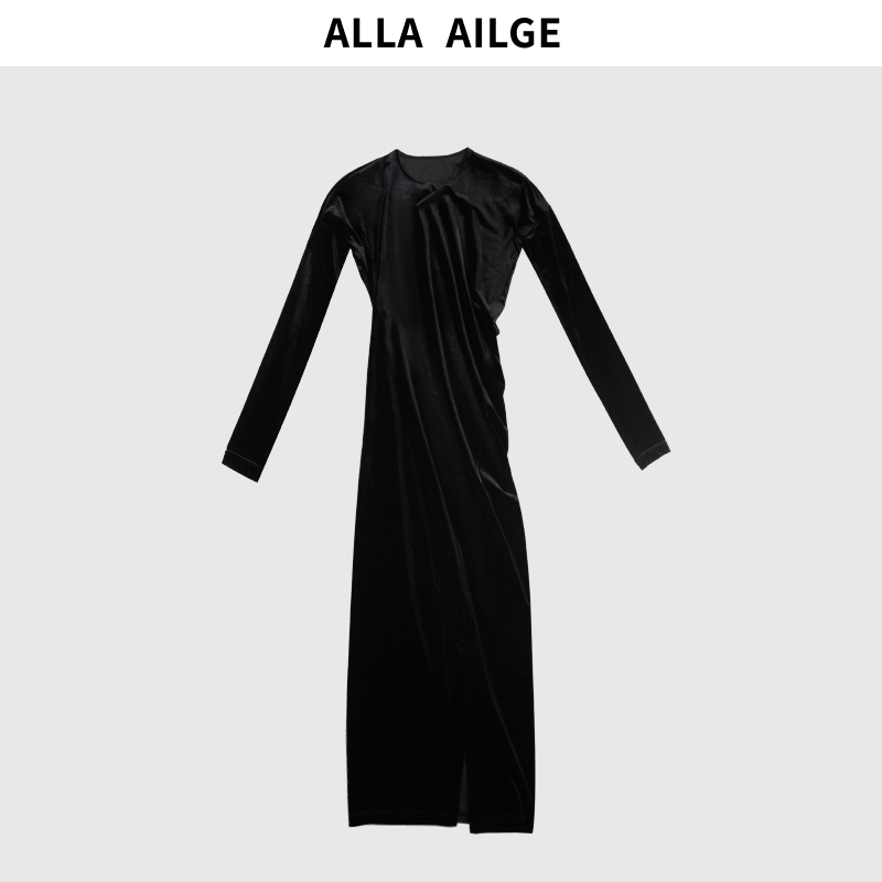ALLA AILGE「黑天鹅」扭缝长袖开衩弹力中长款黑丝绒连衣裙