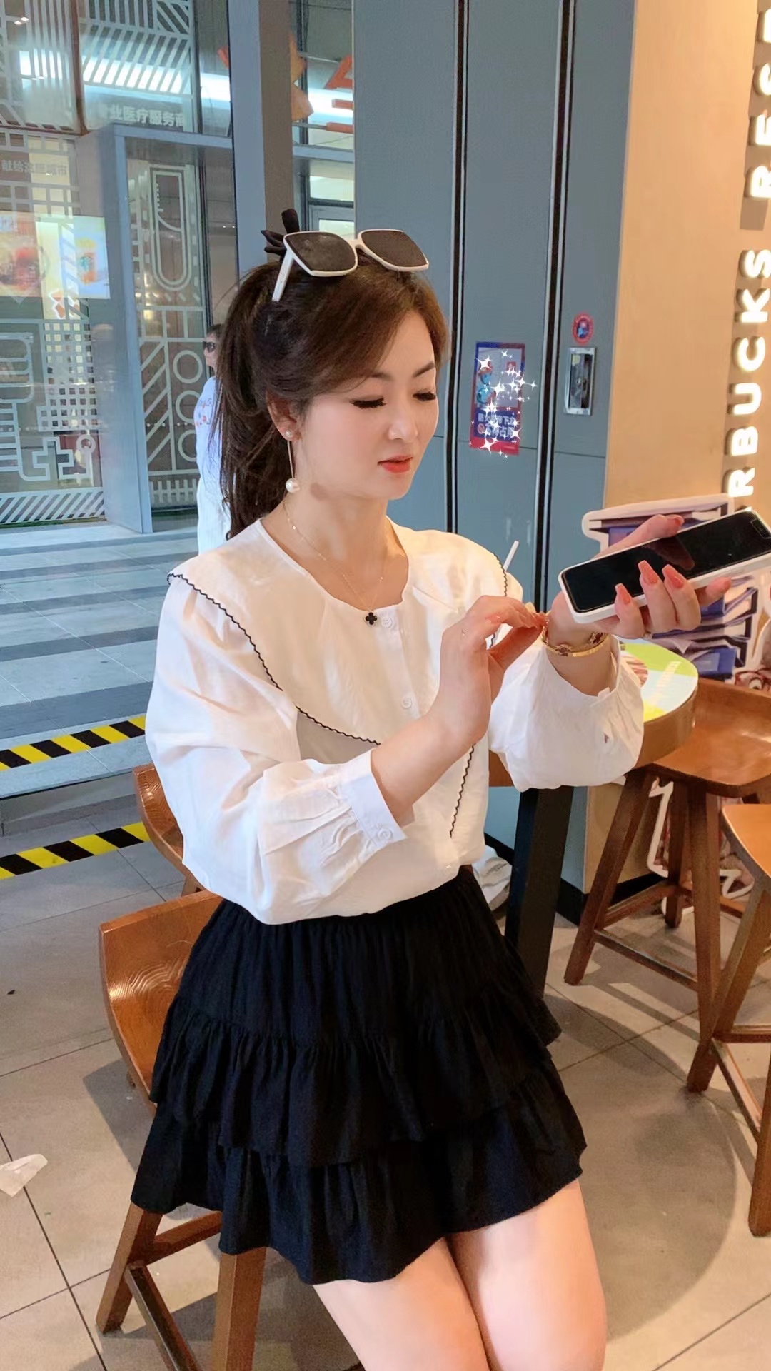 洋气立体装饰吸汗长袖拼接衬衫袖衬衫时尚荷叶边宅萌系娃娃领