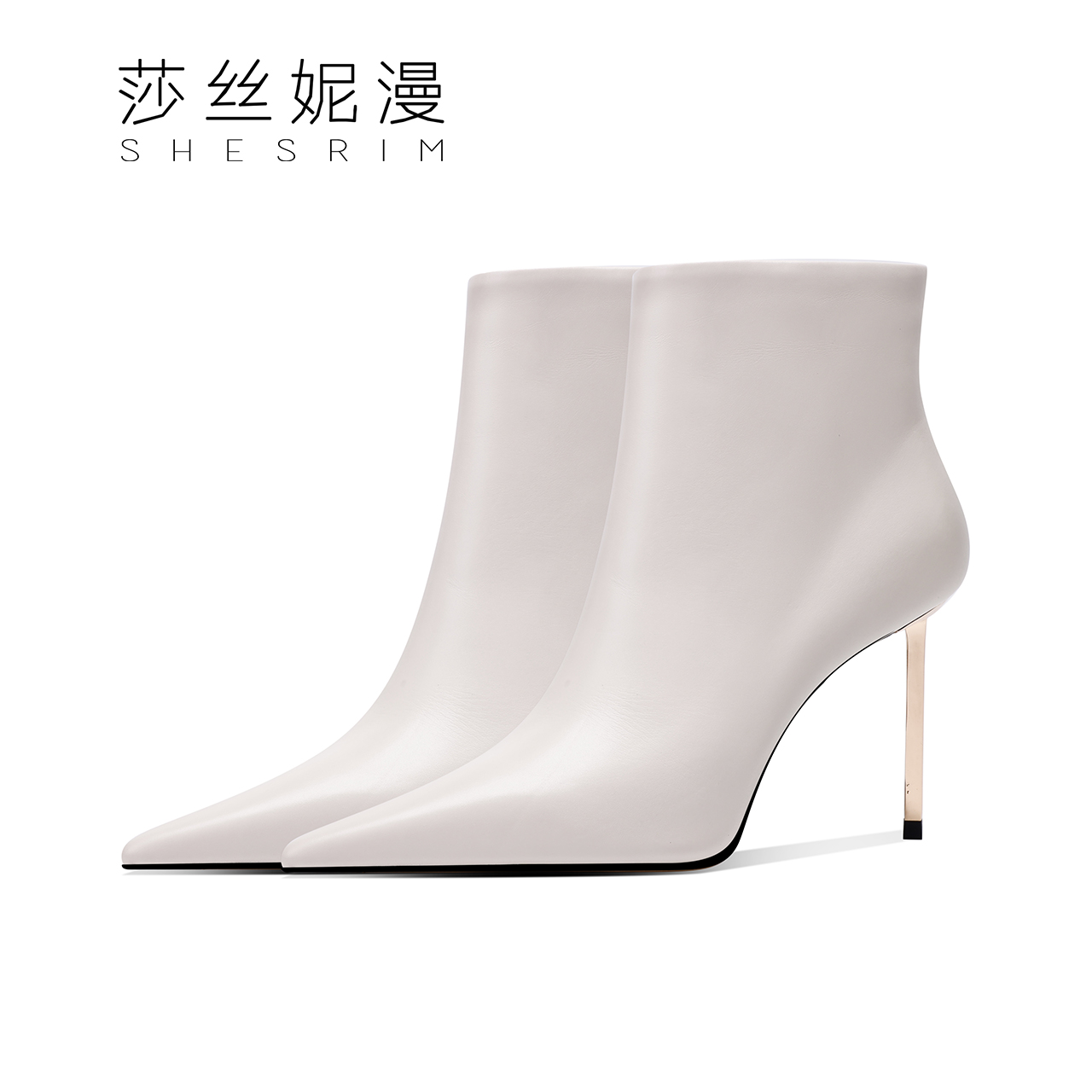 202-小众秋冬真皮短靴尖头细高跟女靴绒里跟鞋百搭黑色款