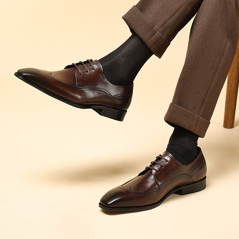 新款头层牛皮男士英伦风舒适德比鞋潮流婚鞋时尚款真皮