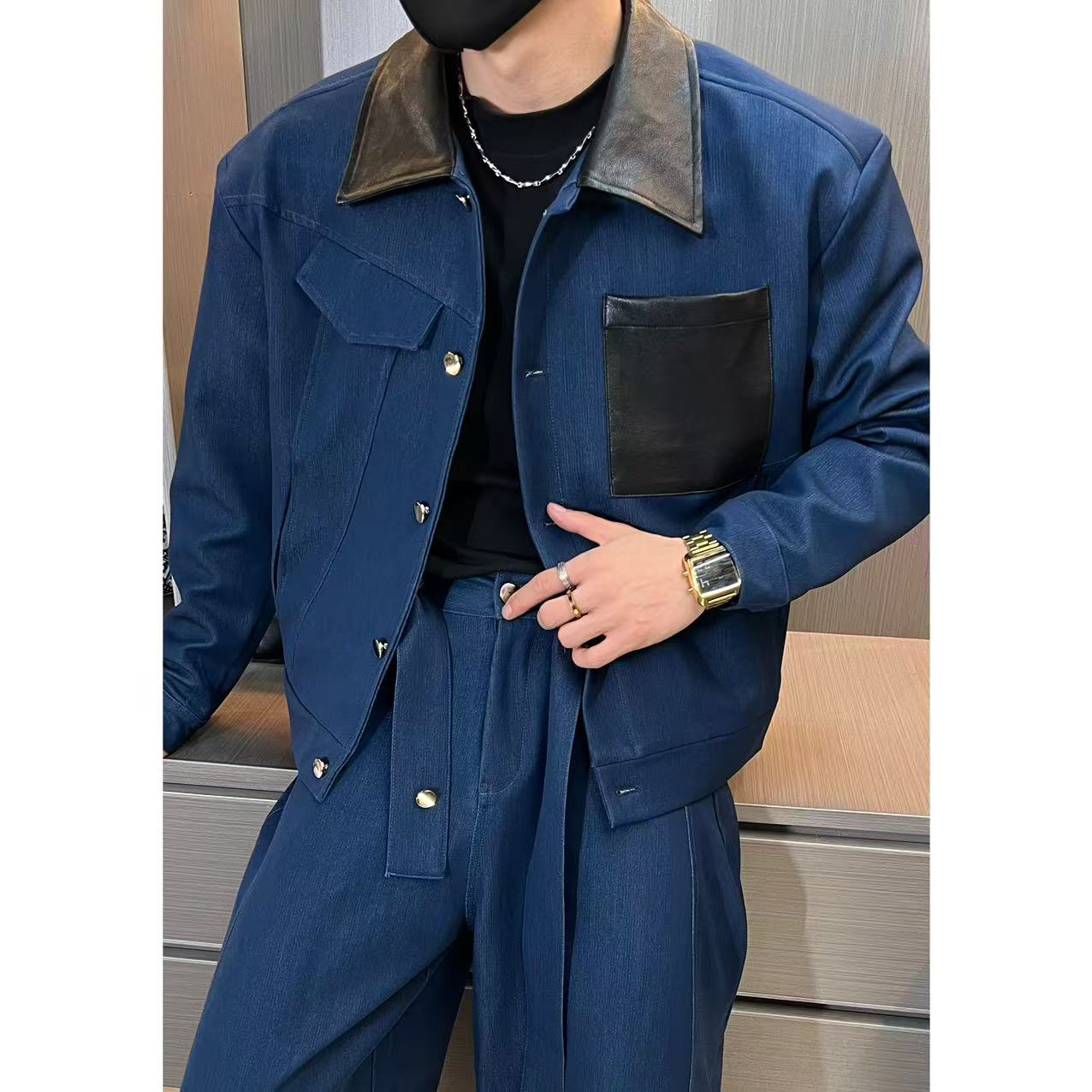 套装T25712男士高品质牛仔拼皮弯刀裤套装