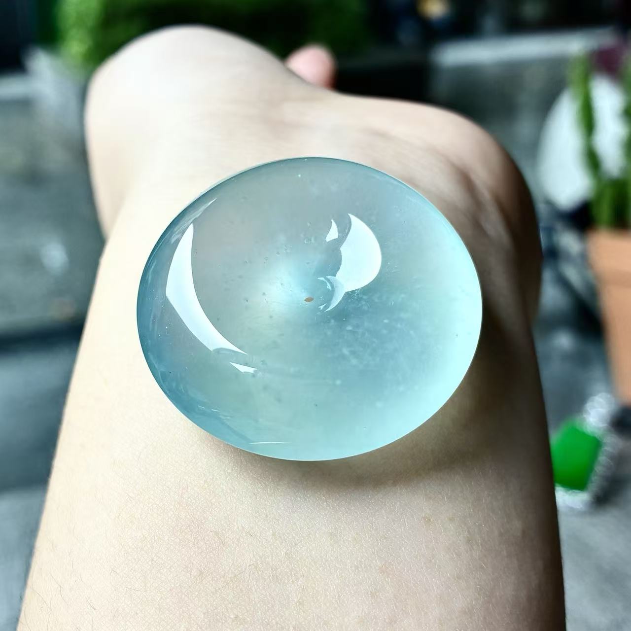 天然a货缅甸翡翠尺寸35.5/12.8木那天空蓝平安扣吊坠，胶感十足