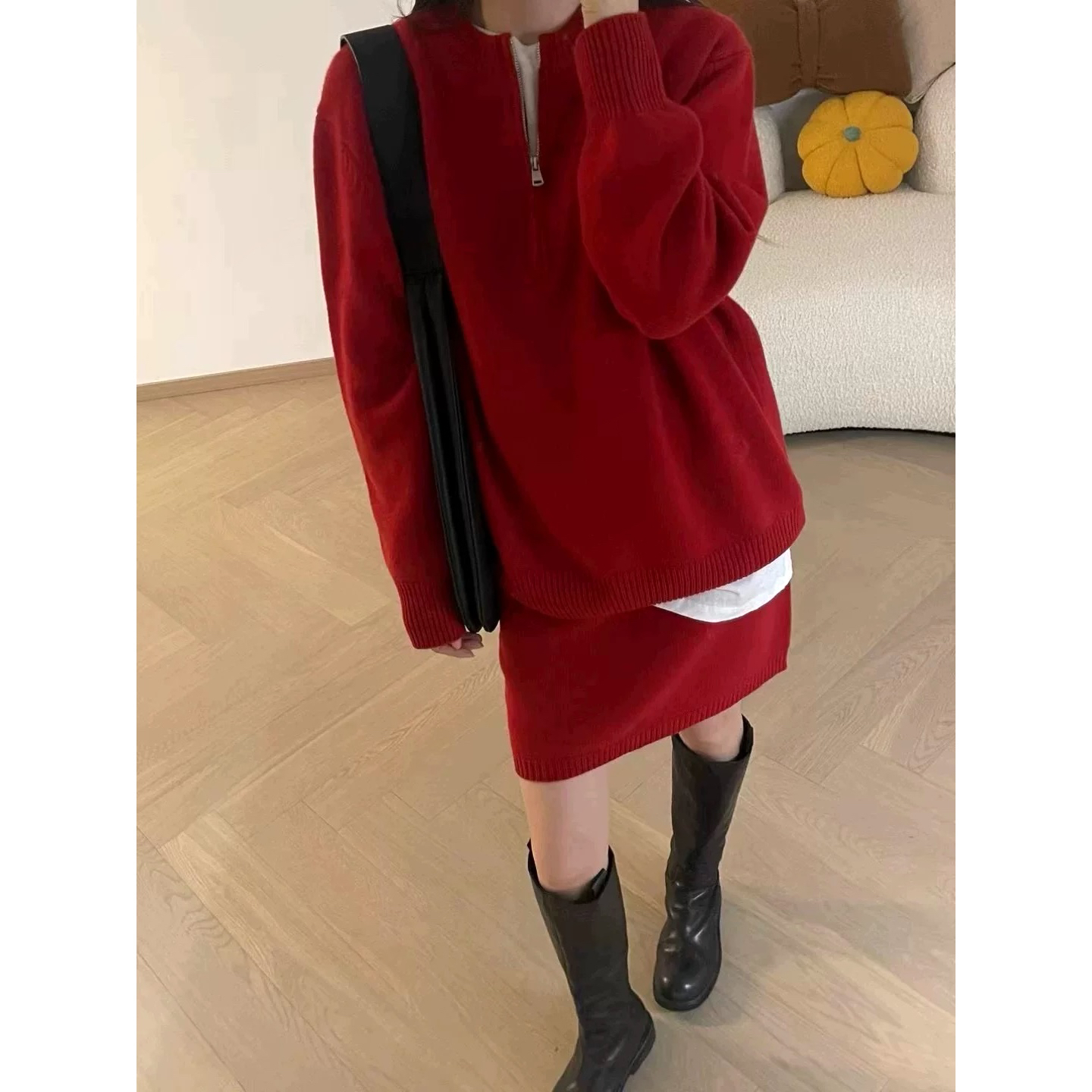 【欧货红色半拉链全羊毛套装】时尚百搭休闲设计感气质长袖针织衫女