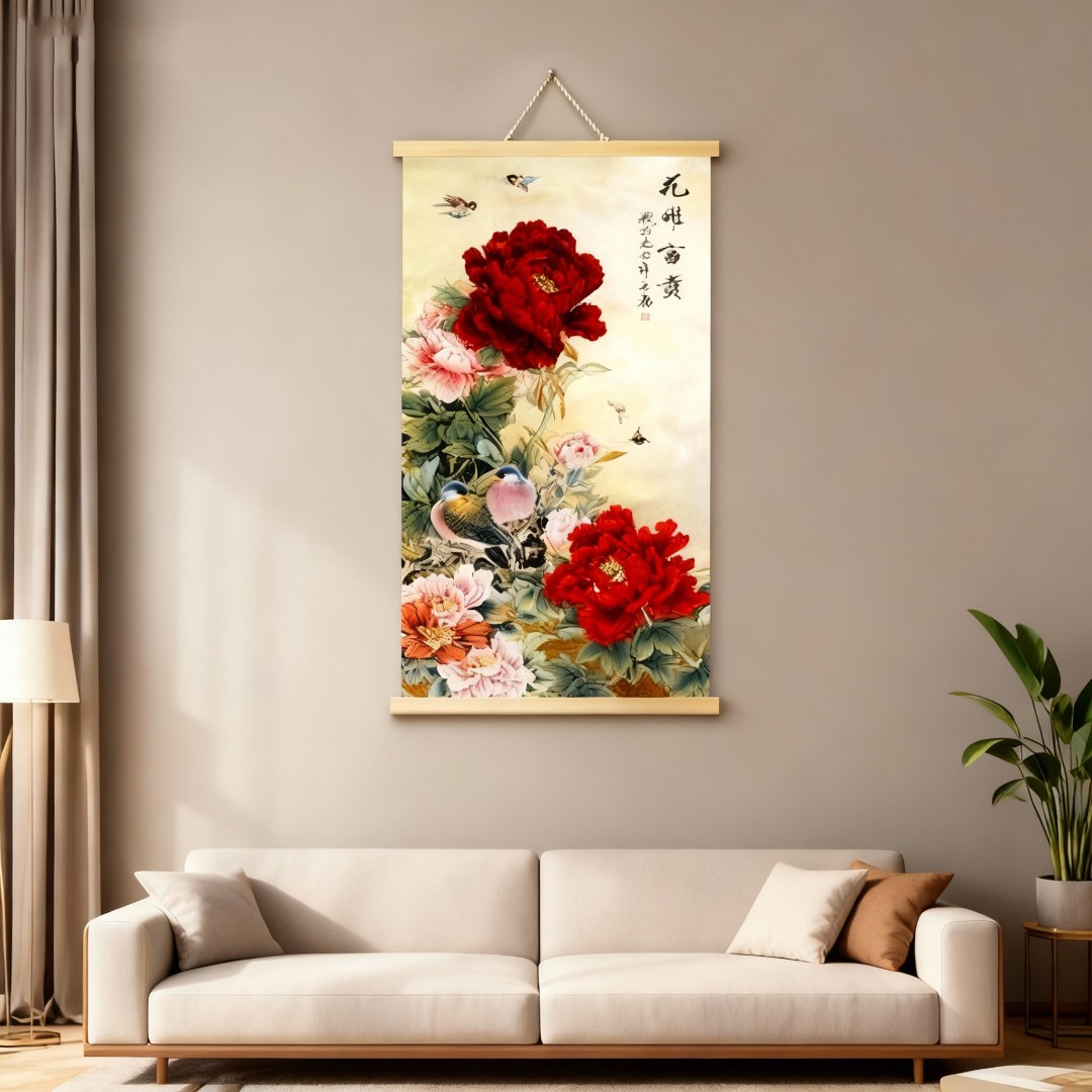 2025年新款牡丹办公室客厅玄关装饰画卷轴竖幅挂轴家装字画墙挂画