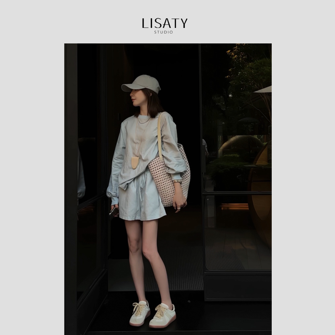  LISATY 亚麻系列 100%亚麻砂洗透气长袖圆领上衣+短裤套装