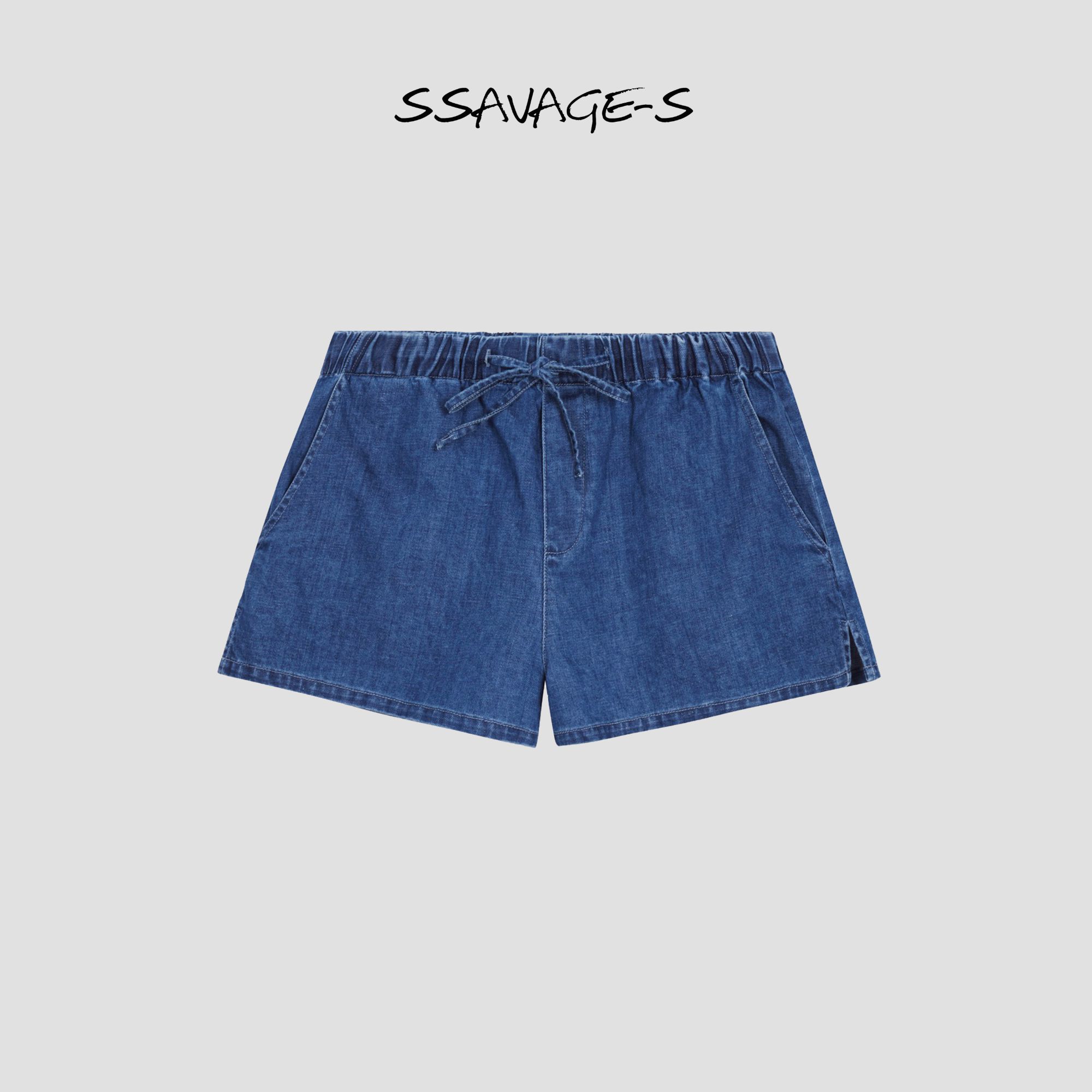 SSAVAGE“阔步生风”复古宽松绑带松紧腰松腿牛仔亚麻短裤 SS90800
