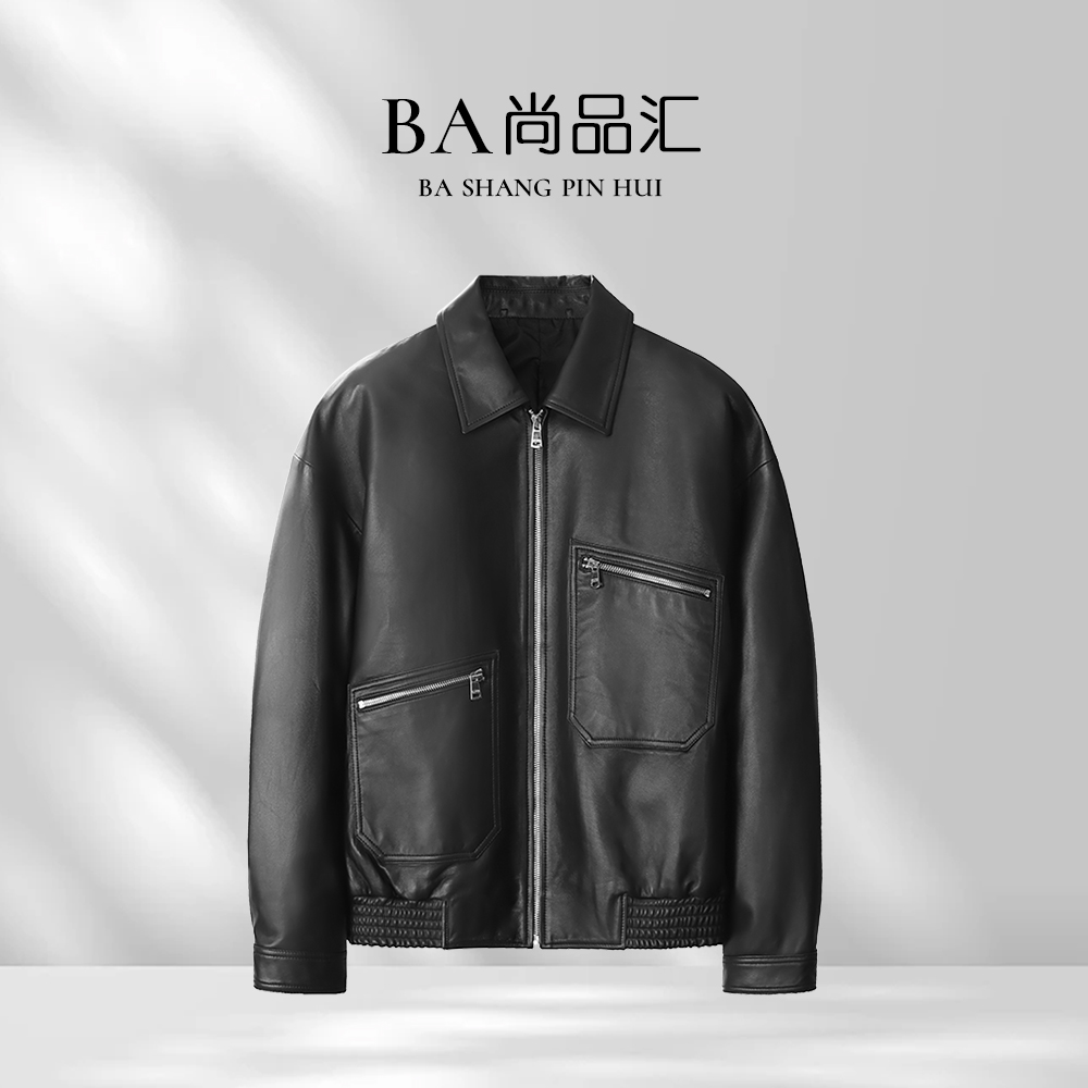 翻领真皮皮衣黑色休闲14A2003 男士外套百搭经典春秋简约短款时尚