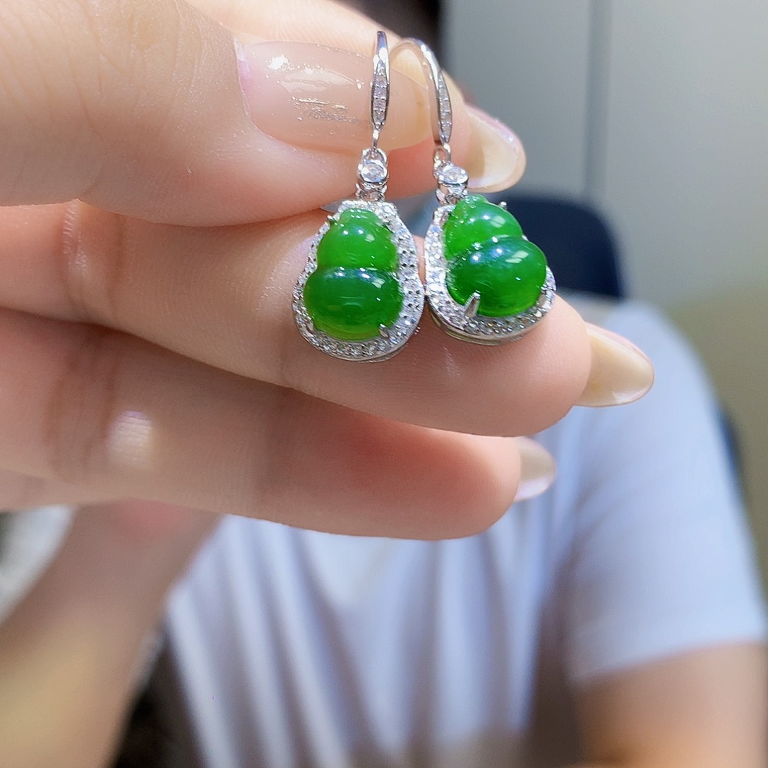 和田玉（碧玉）银S925镀金镶嵌耳饰