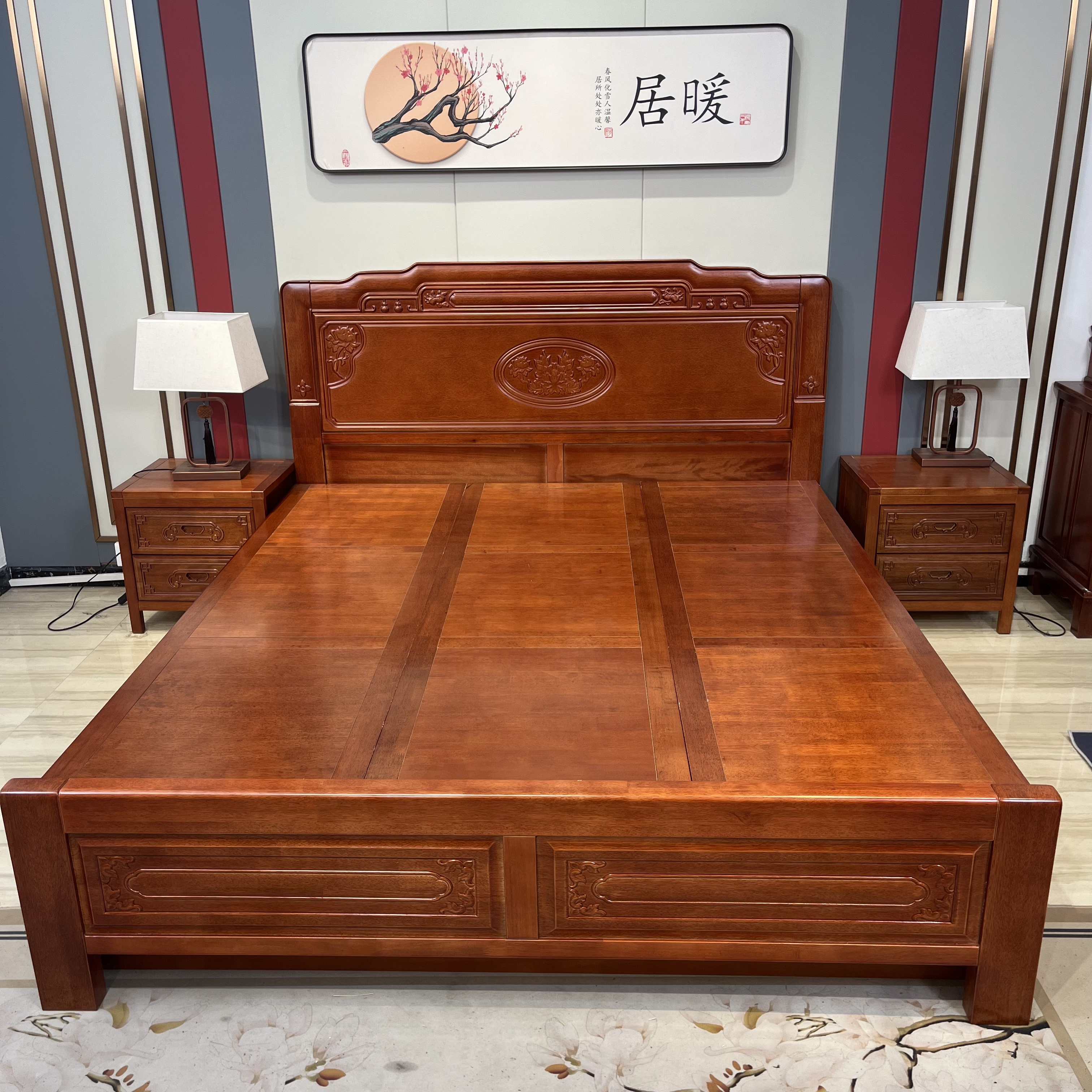 A3国色天香高箱储物带抽屉1.5米1.8米古典雕花实木床储物雕花