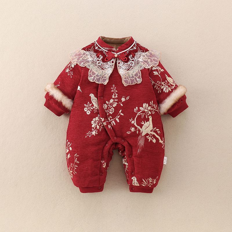 周岁婴儿爬服冬装中国风女宝喜庆加绒拜年连体衣过年满月加厚冬季