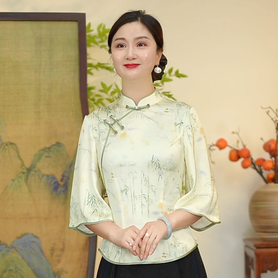 瓷萱【竹韵】夏季旗袍上衣气质印花七分袖倒大袖中国风薄款小上衣