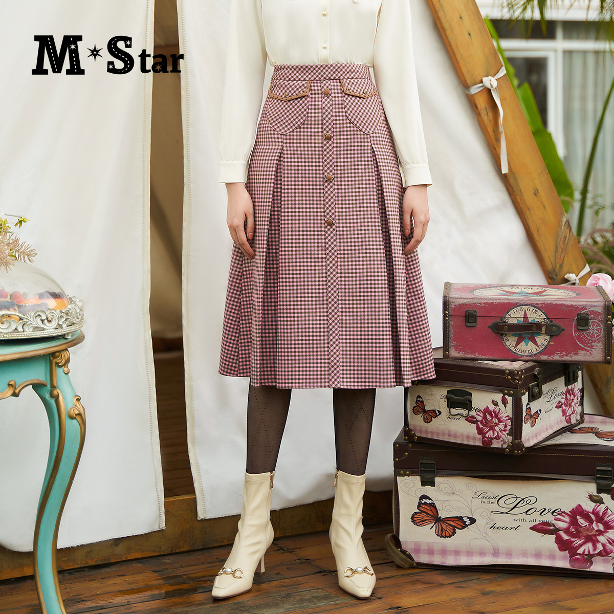 【蜜思仝】M-Star冬季新款复古粉格半身裙高腰a字裙 SCDQ141560