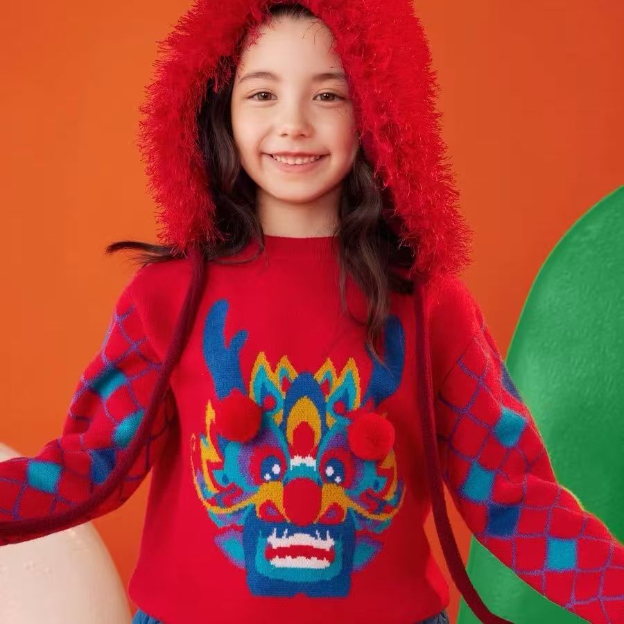 圆领毛衣针织衫红色拜年服男童女童上衣