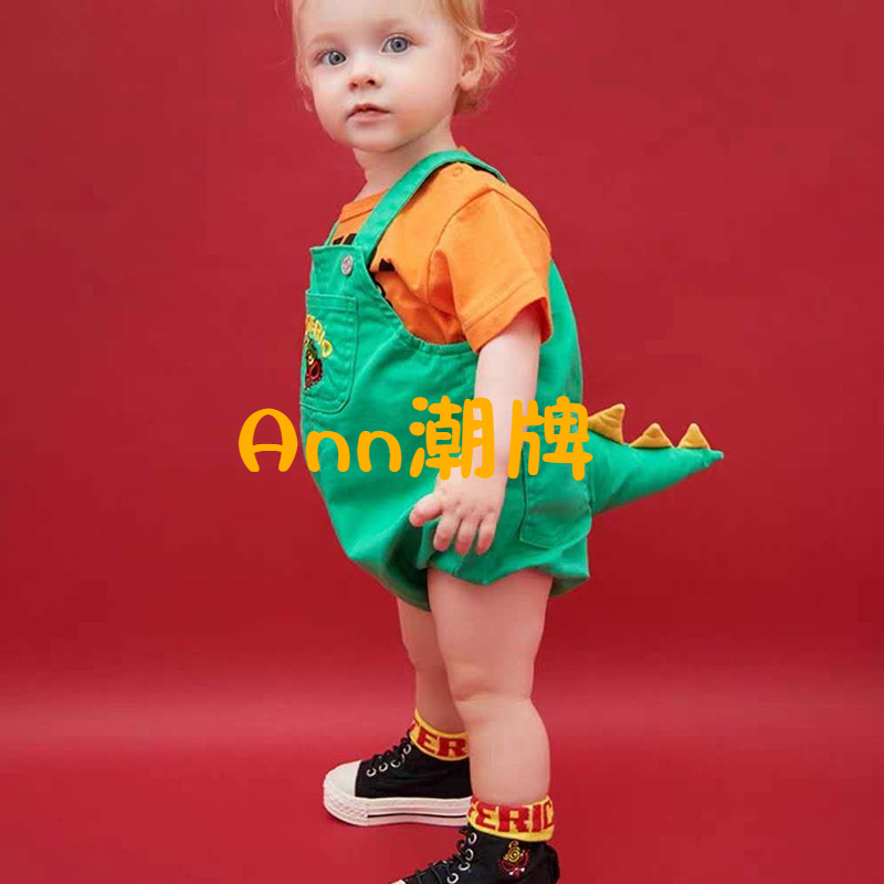 【YB】C889黑超三角恐龙背带裤潮牌童装黑超奶嘴恐龙尾巴儿童田鸡裤