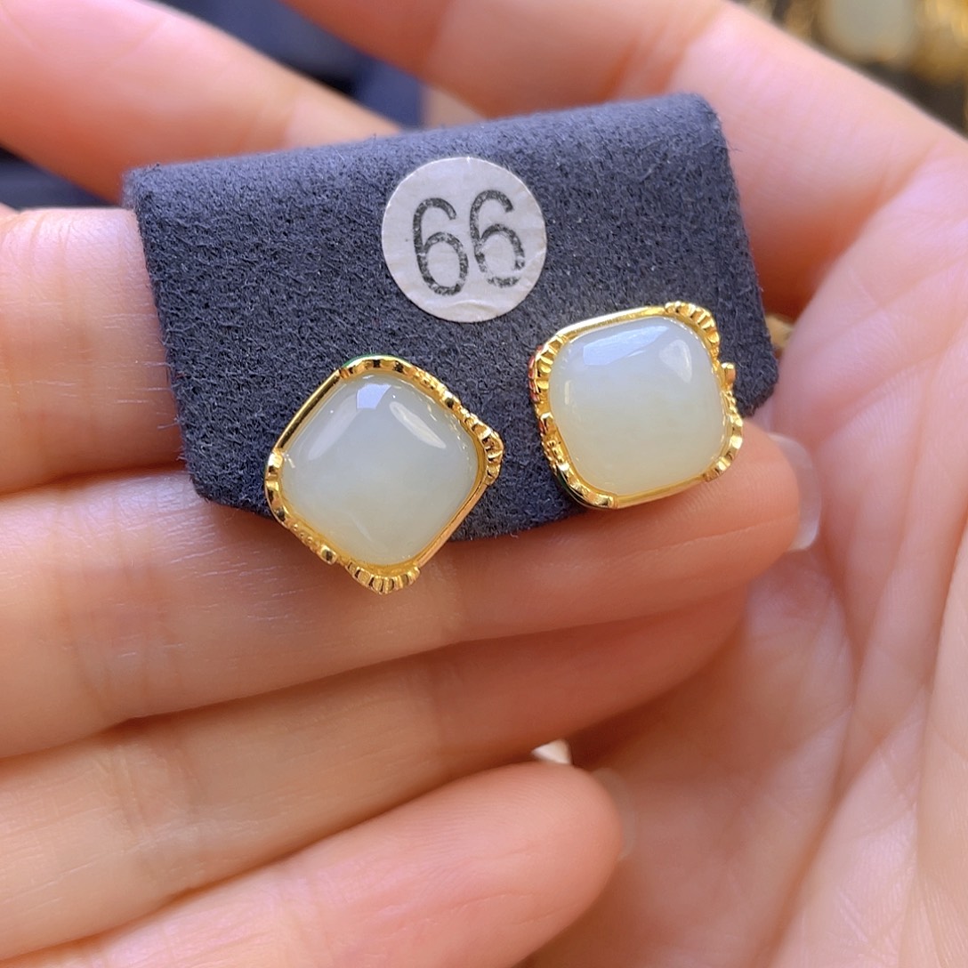 和田玉耳饰银S925镀金镶嵌