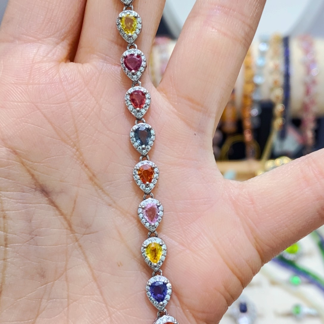 彩色蓝宝石手链银S925镶嵌?****?