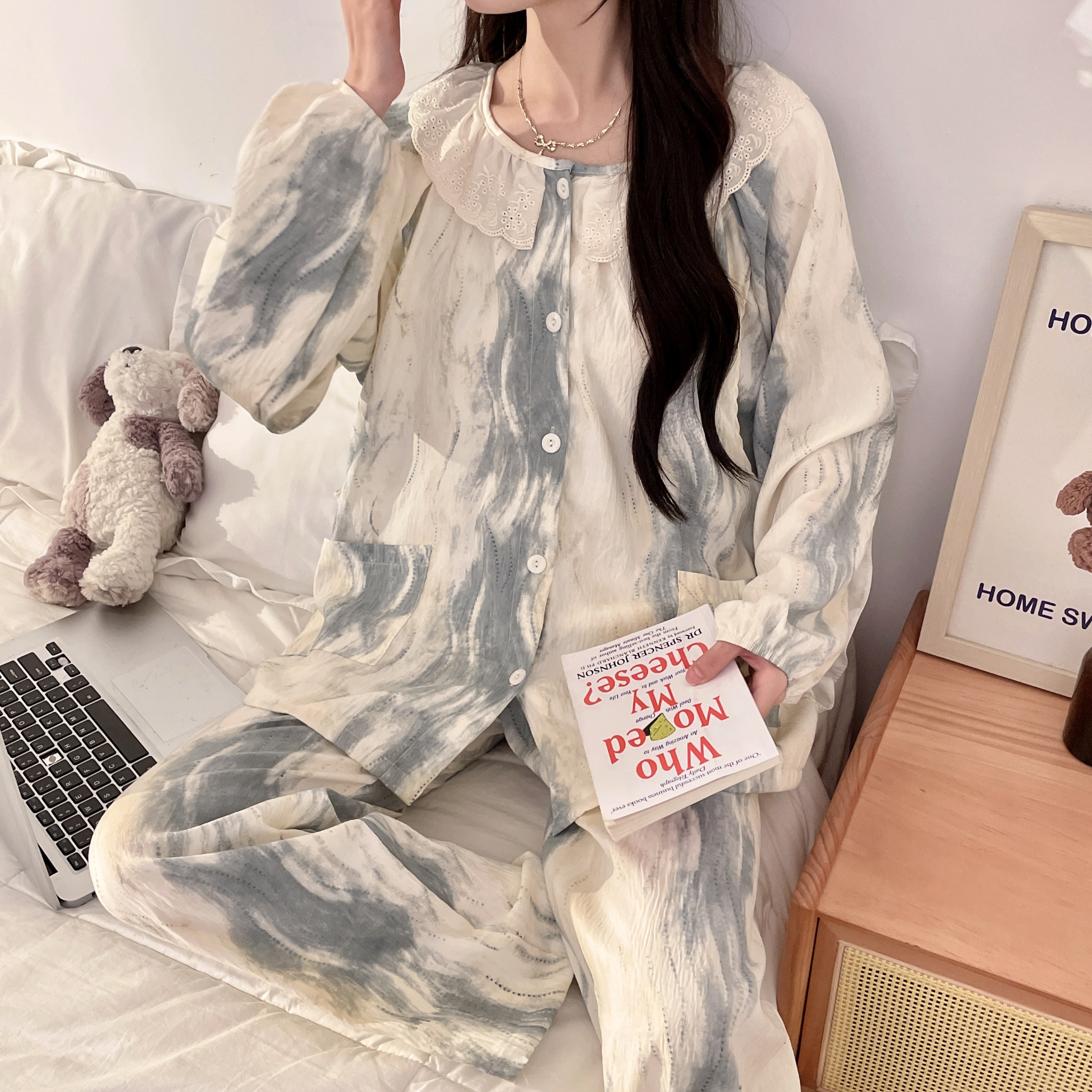 【带胸垫夏季薄款】皱皱棉纱月子服产后孕期孕妇哺乳睡衣宽松透气